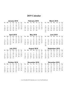 2019 Calendar one page with Large Print (vertical) Calendar