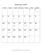 February 2019 (vertical) calendar