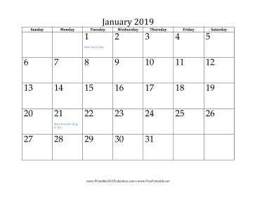 January 2019 Calendar Calendar