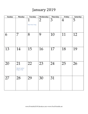 January 2019 Calendar (vertical)
 Calendar