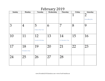 February 2019 Calendar Calendar