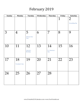 February 2019 Calendar (vertical)
 Calendar