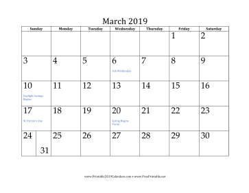 March 2019 Calendar Calendar