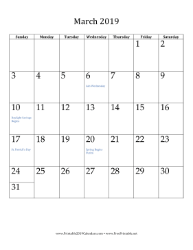 March 2019 Calendar (vertical)
 Calendar