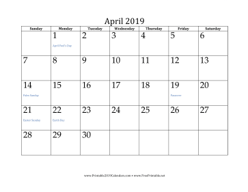 April 2019 Calendar Calendar