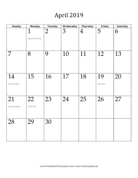 April 2019 Calendar (vertical)
 Calendar