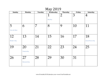 May 2019 Calendar Calendar