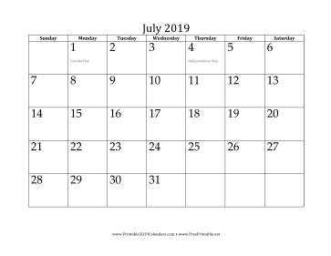 July 2019 Calendar Calendar