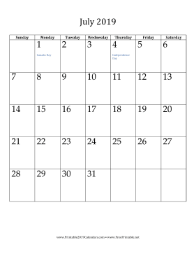 July 2019 Calendar (vertical)
 Calendar