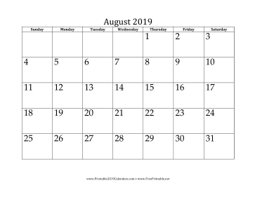 August 2019 Calendar Calendar