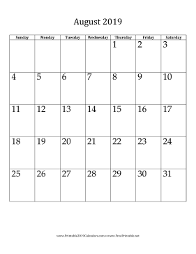 August 2019 Calendar (vertical)
 Calendar