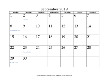 September 2019 Calendar Calendar