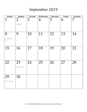 September 2019 Calendar (vertical)
 Calendar