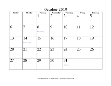 October 2019 Calendar Calendar