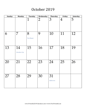 October 2019 Calendar (vertical)
 Calendar