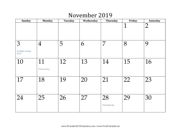 November 2019 Calendar Calendar