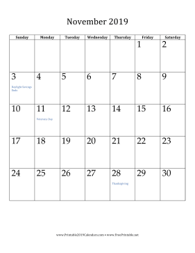 November 2019 Calendar (vertical)
 Calendar
