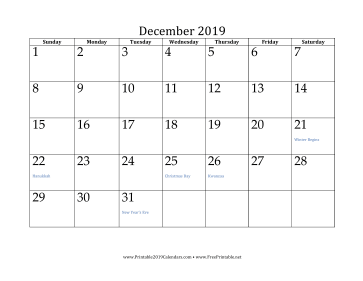 December 2019 Calendar Calendar