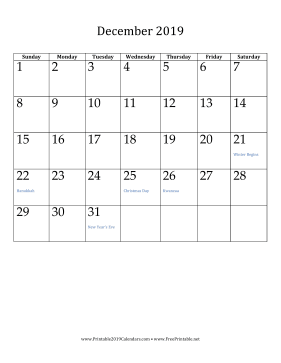December 2019 Calendar (vertical)
 Calendar