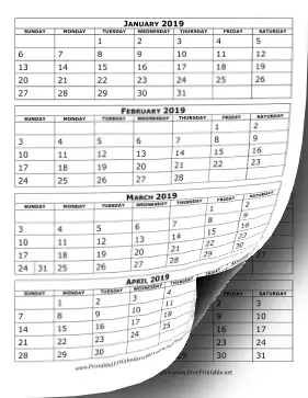 2019 Calendar Four Months Per Page
 Calendar