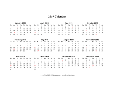 2019 Calendar (horizontal descending holidays in red) Calendar