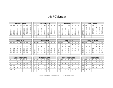 2019 Calendar on one page (horizontal grid) Calendar