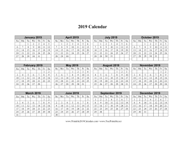 2019 Calendar (horizontal grid descending) Calendar