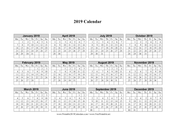 2019 Calendar on one page (horizontal week starts on Monday) Calendar