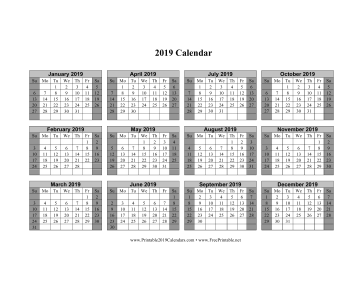 2019 Calendar on one page (horizontal shaded weekends) Calendar