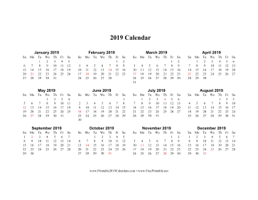2019 Calendar on one page (horizontal holidays in red) Calendar
