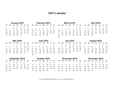 2019 Calendar one page with Large Print Calendar
