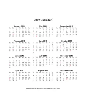 2019 Calendar (vertical descending holidays in red) Calendar
