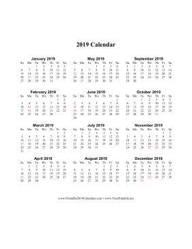 2019 Calendar (vertical descending holidays in red) Calendar