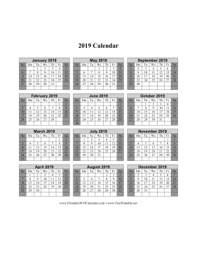 2019 Calendar on one page (vertical shaded weekends)
 Calendar