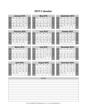 2019 Calendar on one page (vertical shaded weekends notes)
 Calendar