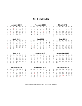 2019 Calendar on one page (vertical holidays in red)
 Calendar