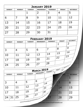2019 Calendar Three Months Per Page
 Calendar