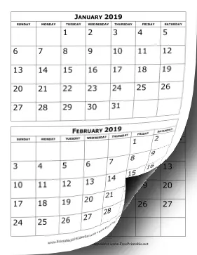 2019 Calendar Two Months Per Page
 Calendar