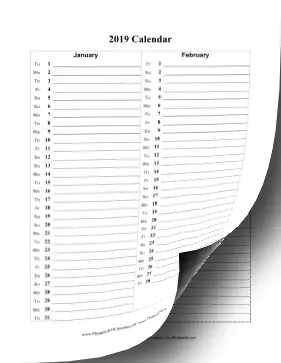 2019 Calendar Vertical List Calendar