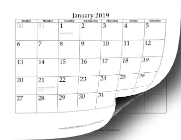 2019 Calendar with dates of adjacent months in gray
 Calendar