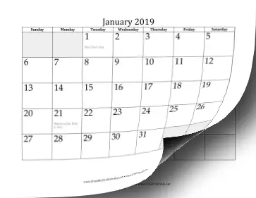 2019 Calendar with days of adjacent months in gray
 Calendar