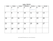 July 2019 calendar