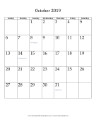 October 2019 (vertical) calendar