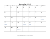December 2019 calendar