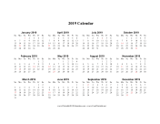 2019 Calendar (horizontal descending holidays in red) calendar