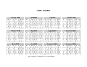 2019 Calendar on one page (horizontal week starts on Monday) calendar