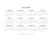 2019 Calendar on one page (horizontal holidays in red) calendar