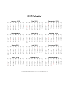 2019 (vertical descending holidays in red) calendar