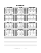 2019 on one page (vertical shaded weekends notes) calendar