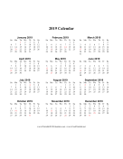 2019 on one page (vertical holidays in red) calendar